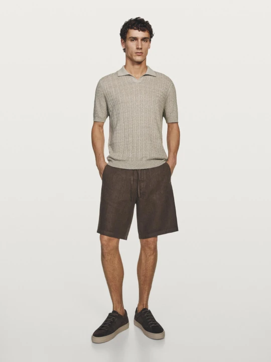Zdjęcie produktu Bawełniano-Lniany Sweter Polo O Splocie Warkoczowym - Popielaty - - Massimo Dutti - Mężczyzna