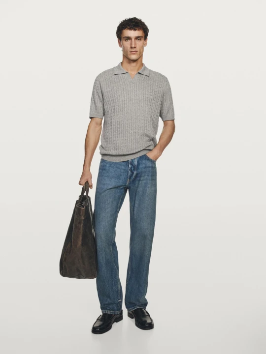 Zdjęcie produktu Bawełniano-Lniany Sweter Polo O Splocie Warkoczowym - Szary - - Massimo Dutti - Mężczyzna