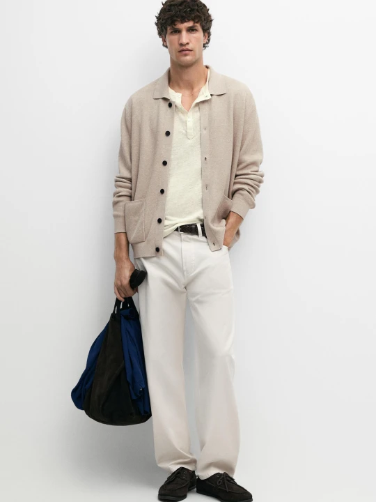 Zdjęcie produktu Bawełniany Kardigan Z Kieszeniami - Beżowy - Massimo Dutti - Male