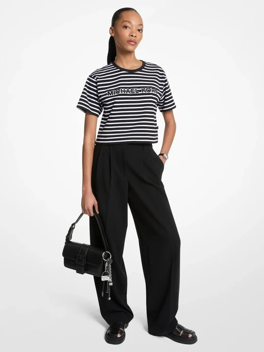 Zdjęcie produktu Bawełniany krótki T-shirt w paski z logo Michael Kors CZARNY (Czarny)