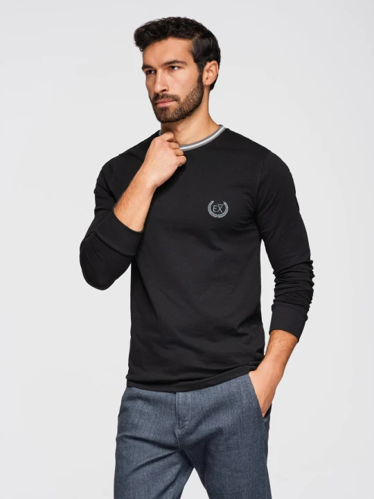Zdjęcie produktu Bawełniany longsleeve męski z dekoltem U w paski i haftem – czarny V4 Ombre Clothing