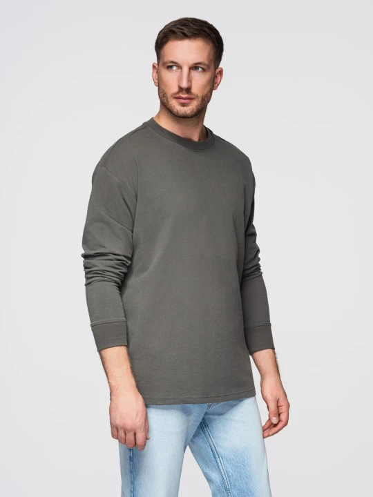 Zdjęcie produktu Bawełniany męski longsleeve LOOSE FIT z okrągłym dekoltem – szarozielony V3 - Rozmiar: L Ombre Clothing