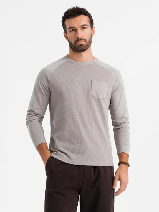 Zdjęcie produktu Bawełniany męski longsleeve o waflowym splocie z kieszonką – popielaty V1 - Rozmiar: L Ombre Clothing szary