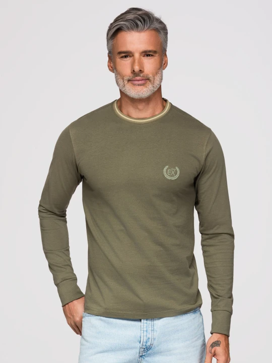 Zdjęcie produktu Bawełniany męski longsleeve z dekoltem U w paski i haftem – oliwkowy V1 - Rozmiar: XL Ombre Clothing