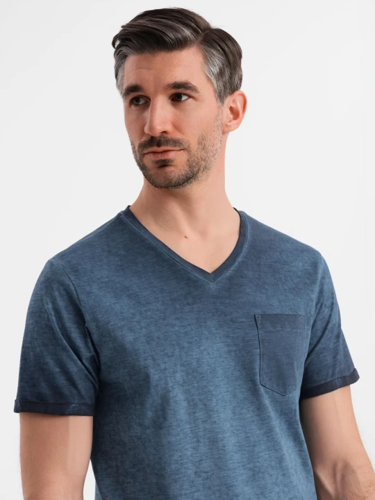 Zdjęcie produktu Bawełniany męski t-shirt V-neck z dzianiny z efektem sprania - granatowy V7 - Rozmiar: S Ombre Clothing
