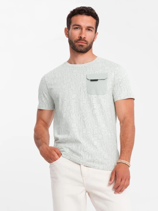 Zdjęcie produktu Bawełniany męski t-shirt z literowym printem i kieszonką – żółto-zielony V4 - Rozmiar: S Ombre Clothing