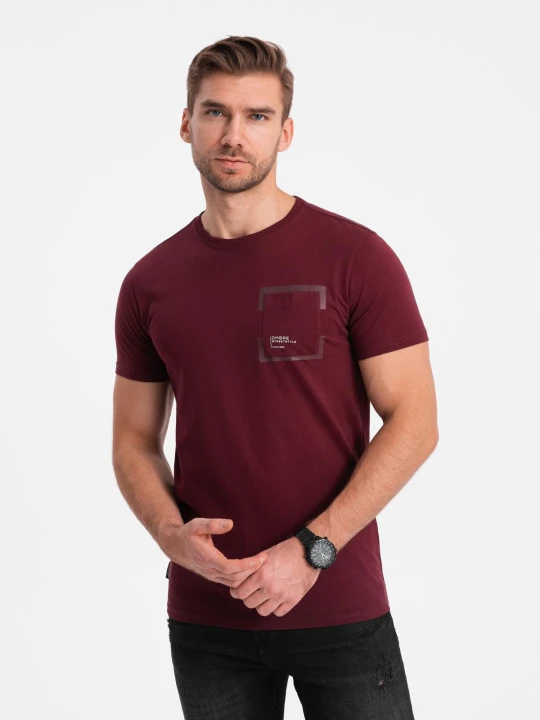 Zdjęcie produktu Bawełniany męski t-shirt z nadrukiem na kieszonce – bordowy V2 - Rozmiar: XL Ombre Clothing