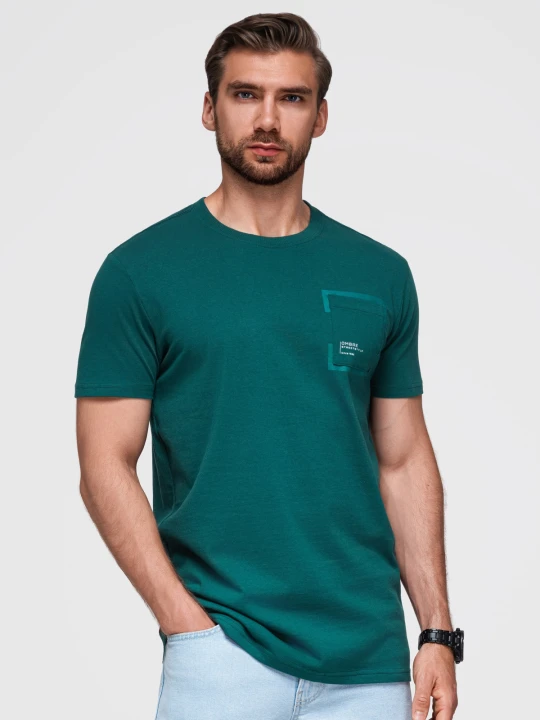 Zdjęcie produktu Bawełniany męski t-shirt z nadrukiem na kieszonce – ciemnozielony V5 - Rozmiar: L Ombre Clothing