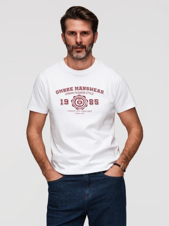 Zdjęcie produktu Bawełniany męski t-shirt z nadrukiem w stylu college – biały V1 - Rozmiar: XXL Ombre Clothing