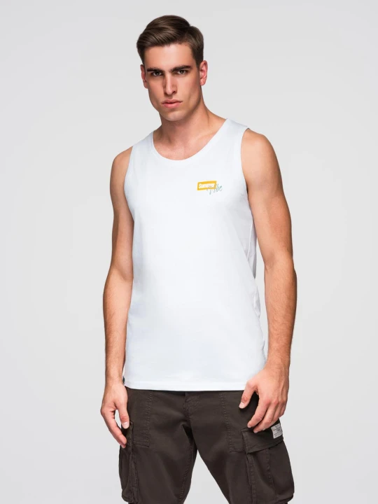 Zdjęcie produktu Bawełniany męski tank top z nadrukiem Summer Vibe – biały V2 - Rozmiar: XXL Ombre Clothing