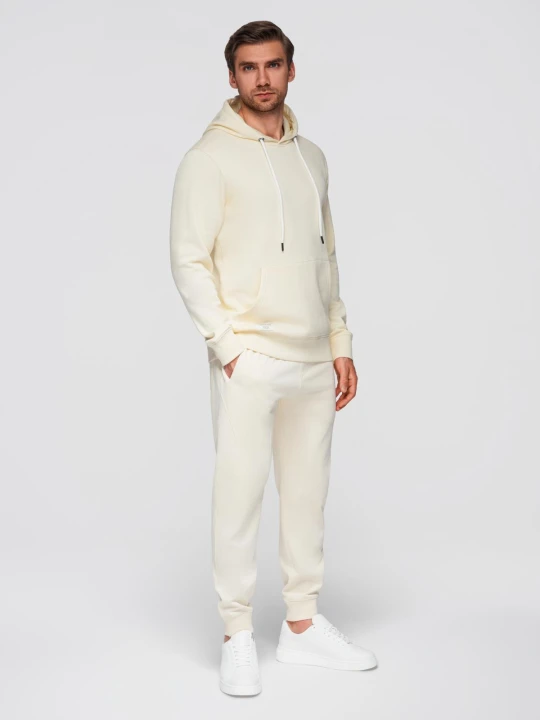 Zdjęcie produktu Bawełniany męskie komplet dresowy bluza kangurka + spodnie joggery - kremowy V11 - Rozmiar: L Ombre Clothing