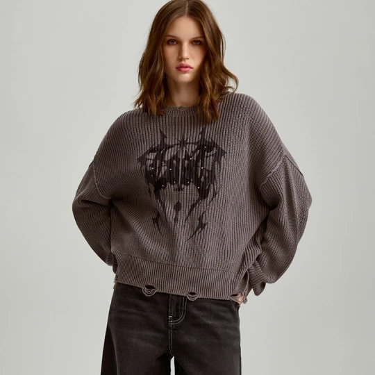 Zdjęcie produktu Bawełniany sweter loose fit z nadrukiem i przedarciami House ciemnoszary