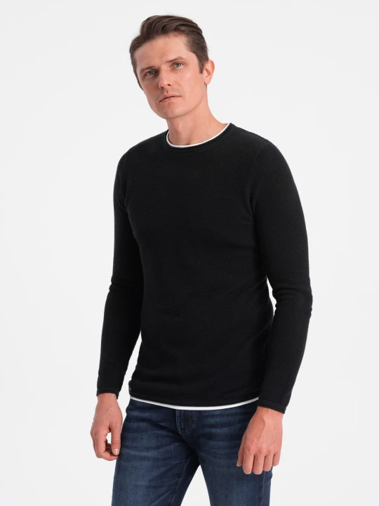 Zdjęcie produktu Bawełniany sweter męski z okrągłym dekoltem - czarny V1 Ombre Clothing