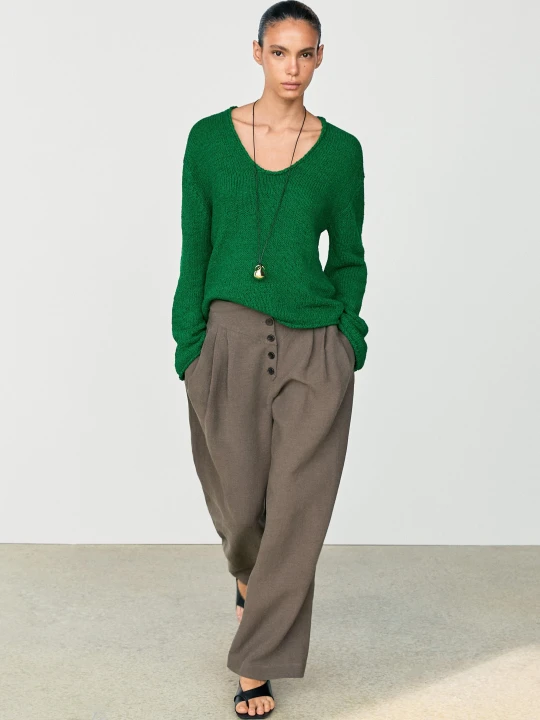 Zdjęcie produktu Bawełniany Sweter O Ażurowym Splocie - Zielony - Massimo Dutti - Female