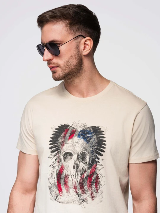 Zdjęcie produktu Bawełniany t-shirt męski z nadrukiem w stylu rockowym – kremowy V1 - Rozmiar: M Ombre Clothing
