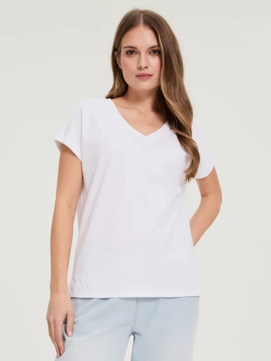 Zdjęcie produktu Bawełniany t-shirt z dekoltem w serek biały Moodo