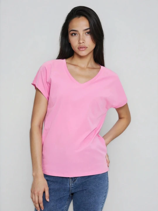 Zdjęcie produktu Bawełniany t-shirt z dekoltem w serek różowy Moodo