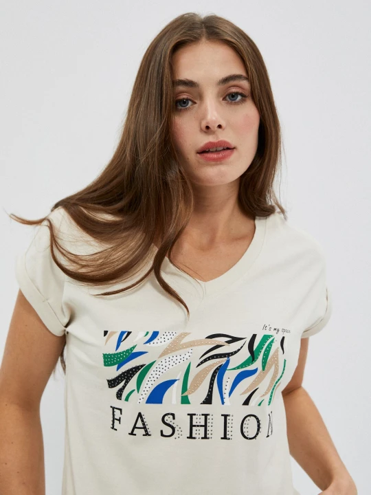 Zdjęcie produktu Bawełniany t-shirt z napisem piaskowy Moodo