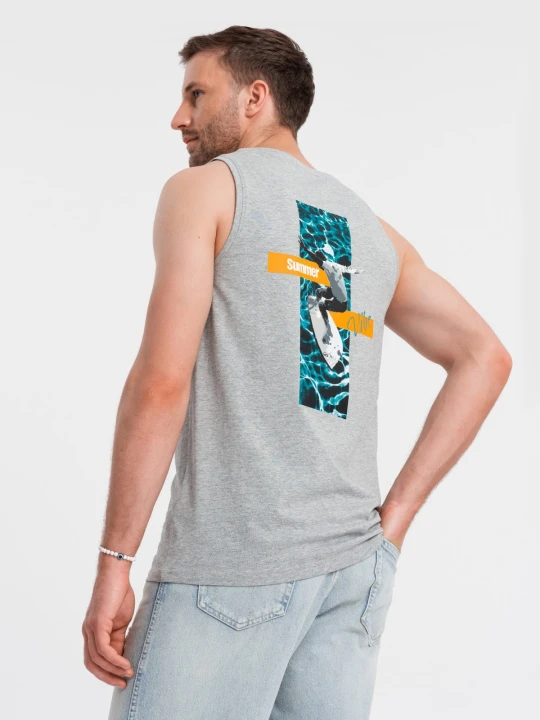 Zdjęcie produktu Bawełniany tank top męski z nadrukiem Summer Vibe – szary melanż V3 Ombre Clothing