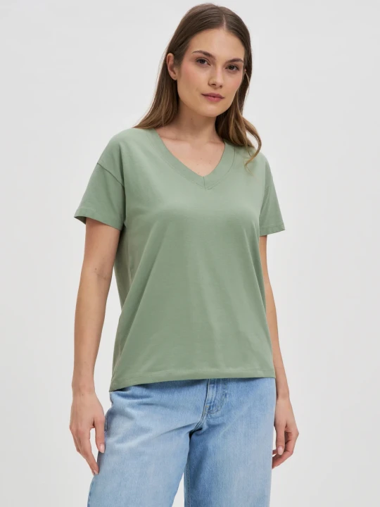 Zdjęcie produktu Bawełniany t-shirt z dekoltem w serek oliwkowy Moodo