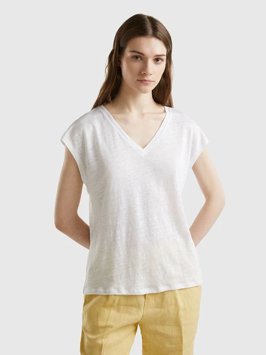 Zdjęcie produktu Benetton Lniana koszulka w kolorze białym rozmiar: M