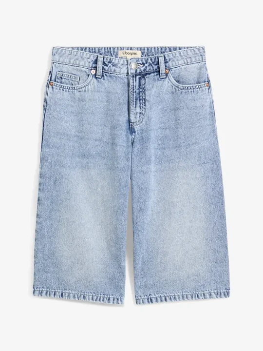 Zdjęcie produktu Bermudy dżinsowe mid waist, low stretch BonPrix niebieski