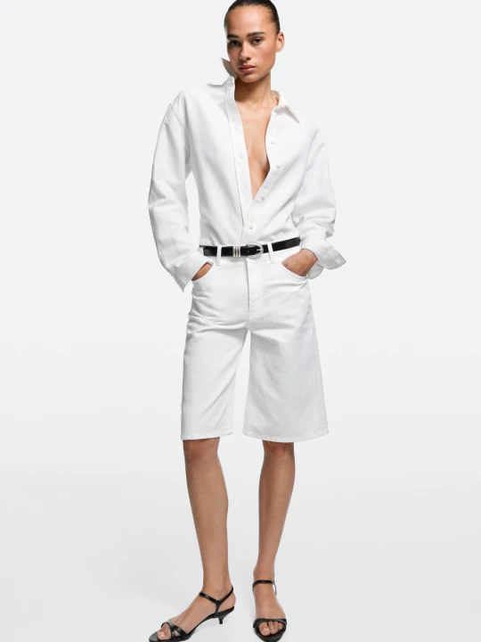 Zdjęcie produktu Bermudy Z Mieszanki Lnu I Bawełny - Biały Złamany - Massimo Dutti - Female