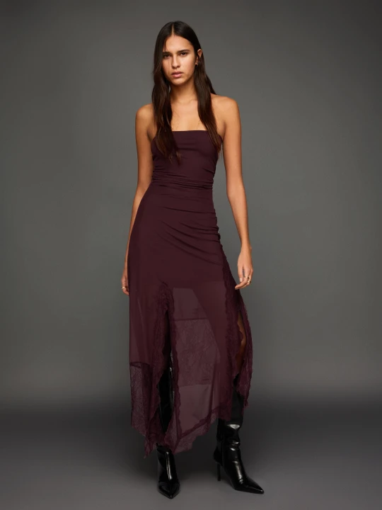 Zdjęcie produktu Bershka Asymetryczna Sukienka Midi Bandeau Z Tiulu I Koronki Kobieta Bordowy