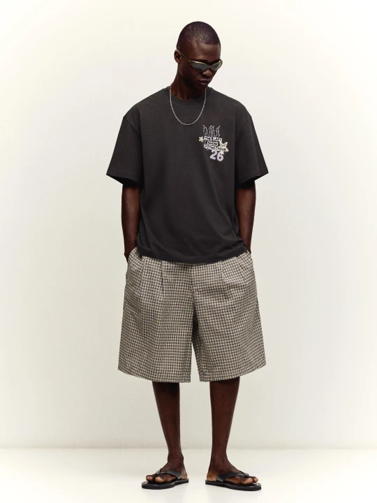 Zdjęcie produktu Bershka Bermudy O Kroju Baggy W Kratę Mężczyzna Czarny