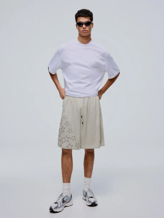 Zdjęcie produktu Bershka Bermudy Z Siateczki Z Nadrukiem Mężczyzna Szary