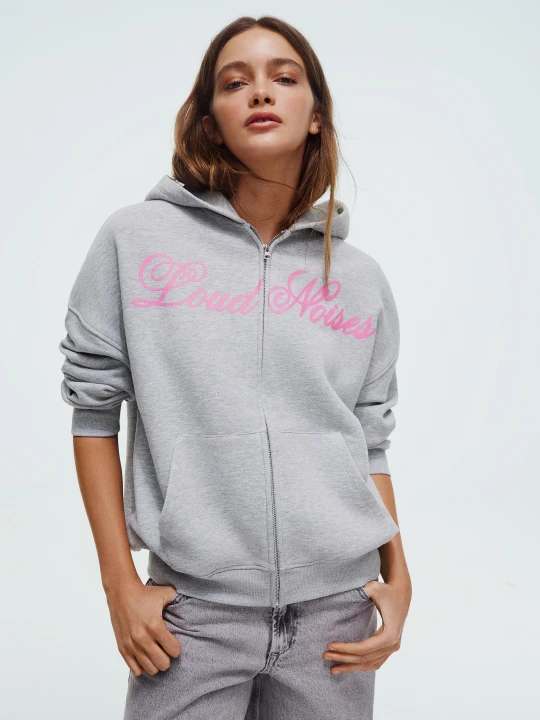 Zdjęcie produktu Bershka Bluza Oversize Z Kapturem Na Suwak Z Nadrukiem Kobieta Szary