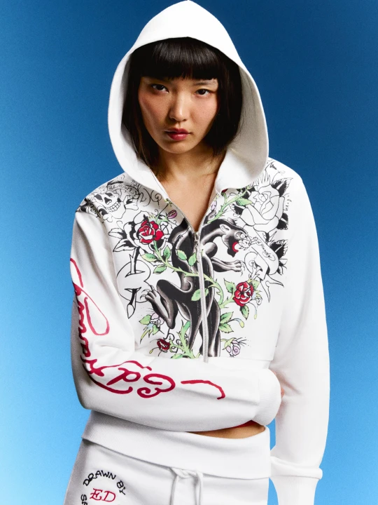 Zdjęcie produktu Bershka Bluza Z Kapturem I Nadrukiem Ed Hardy X Bershka Kobieta Biały Złamany