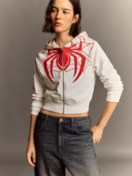 Zdjęcie produktu Bershka Bluza Z Kapturem I Nadrukiem Spider-Man Kobieta Biały Złamany