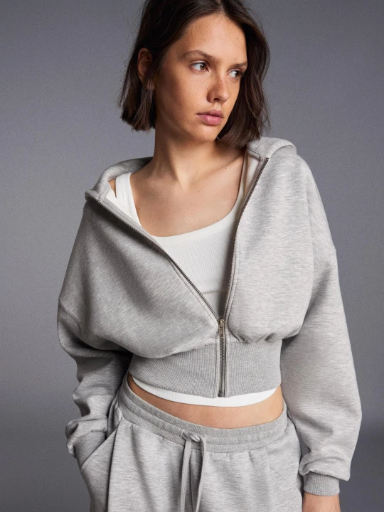 Zdjęcie produktu Bershka Bluza Z Kapturem, Suwakiem I Paskiem Kobieta Szary