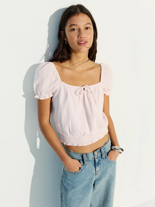Zdjęcie produktu Bershka Bluzka W Stylu Rustykalnym Z Bufiastymi Rękawami Kobieta Różowy