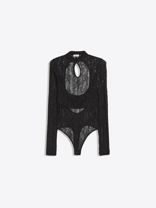 Zdjęcie produktu Bershka Body Z Długim Rękawem, Rozcięciem I Koronkowym Dekoltem Kobieta Czarny