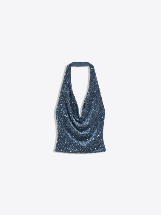 Zdjęcie produktu Bershka Cekinowy Top Drapowany Typu Halter Kobieta Niebieski