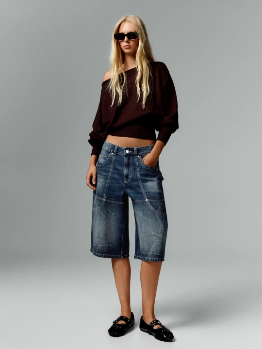 Zdjęcie produktu Bershka Długie Bermudy Z Denimu Z Ozdobnymi Kieszeniami Kobieta Ciemnoniebieski