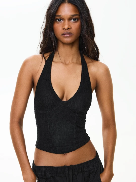 Zdjęcie produktu Bershka Gorsetowy Top Typu Halter Z Koronką Kobieta Czarny