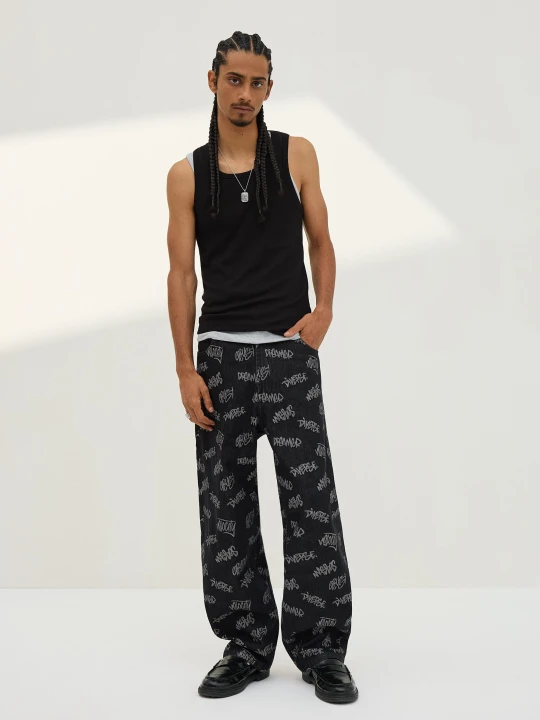 Zdjęcie produktu Bershka Jeansy O Kroju Baggy Z Żakardowym Wzorem Mężczyzna Czarny