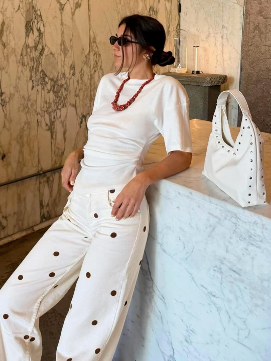Zdjęcie produktu Bershka Jeansy Wide Leg W Kropki Kobieta Kremowy