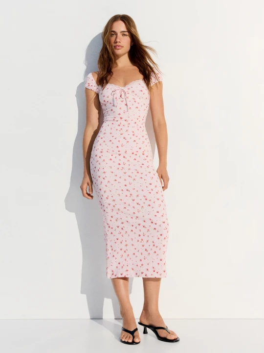 Zdjęcie produktu Bershka Koronkowa Sukienka Midi Z Nadrukiem Kobieta Różowy