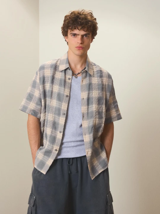 Zdjęcie produktu Bershka Koszula O Kroju Relaxed W Kratę Mężczyzna Szary