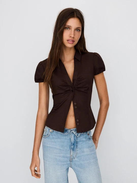 Zdjęcie produktu Bershka Koszula Z Popeliny Z Krótkim Rękawem I Wiązaniem Kobieta Brązowy