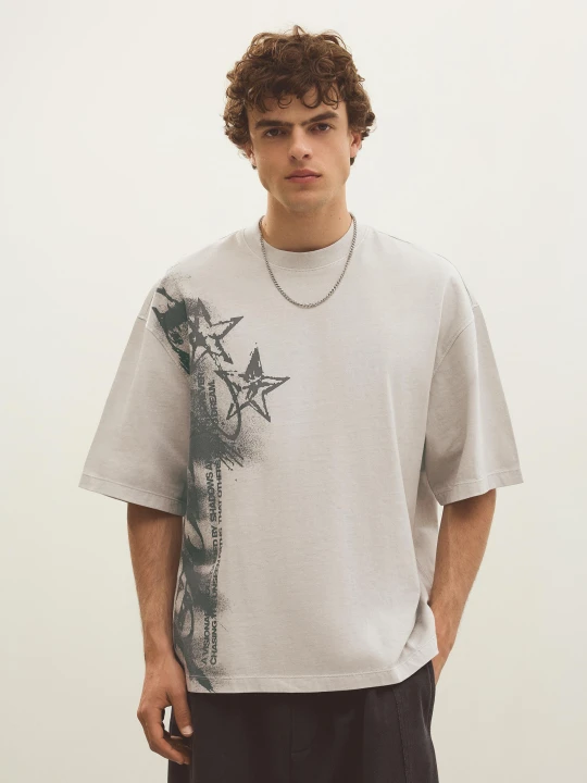 Zdjęcie produktu Bershka Koszulka Boxy Fit Z Nadrukiem Mężczyzna Popielaty