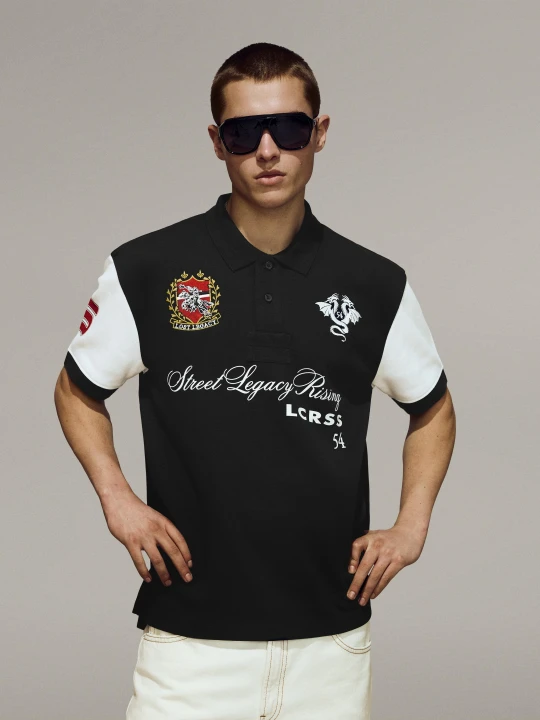 Zdjęcie produktu Bershka Koszulka Polo Z Krótkim Rękawem I Nadrukiem Mężczyzna Czarny