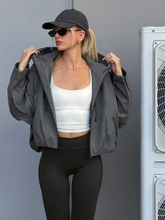 Zdjęcie produktu Bershka Kurtka Nylonowa Z Kapturem Waterproof & Windproof Kobieta Grafitowy