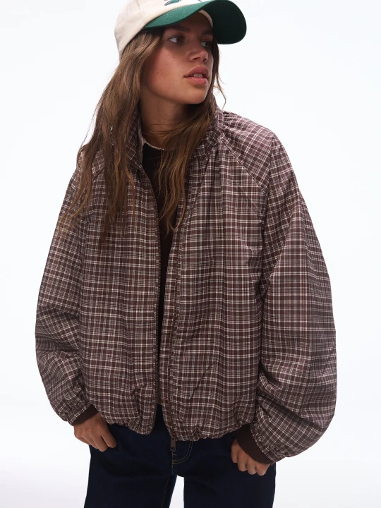 Zdjęcie produktu Bershka Kurtka Oversize W Kratę Z Zamkiem Kobieta Brązowy