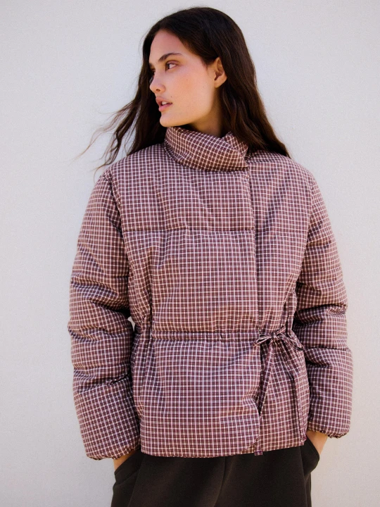 Zdjęcie produktu Bershka Kurtka Pikowana Oversize Krata Dwurzędowa Kobieta Bordowy