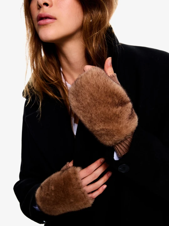 Zdjęcie produktu Bershka Rękawiczki Bez Palców Z Dzianiny Ze Sztucznym Futerkiem Kobieta Piaskowy